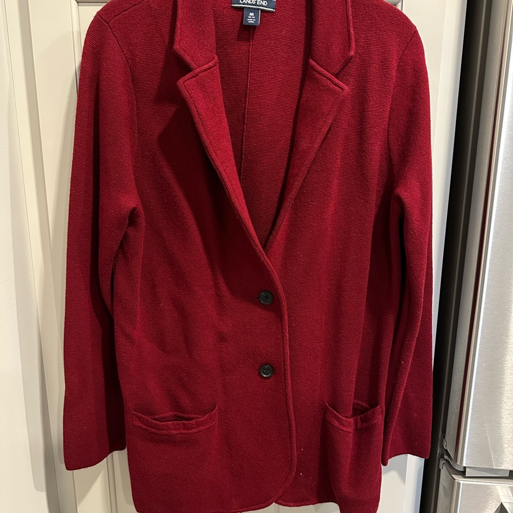 Lands' End women’s dark Red Blazer medium 10-12 Knit Jacket cardigan coatigan